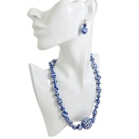 Blue Ceramic Porcelain Basket Weave Bead Necklace Earrings Set Coco 925 - Picture 1 of 9